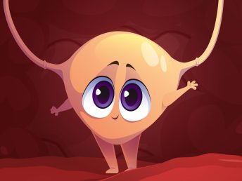 Human bladder funny cartoon character. Kawaii internal organ, urinary system personage with cute face waving hand inside of abdominal cavity. Healthy body, anatomy for kids, Vector illustration