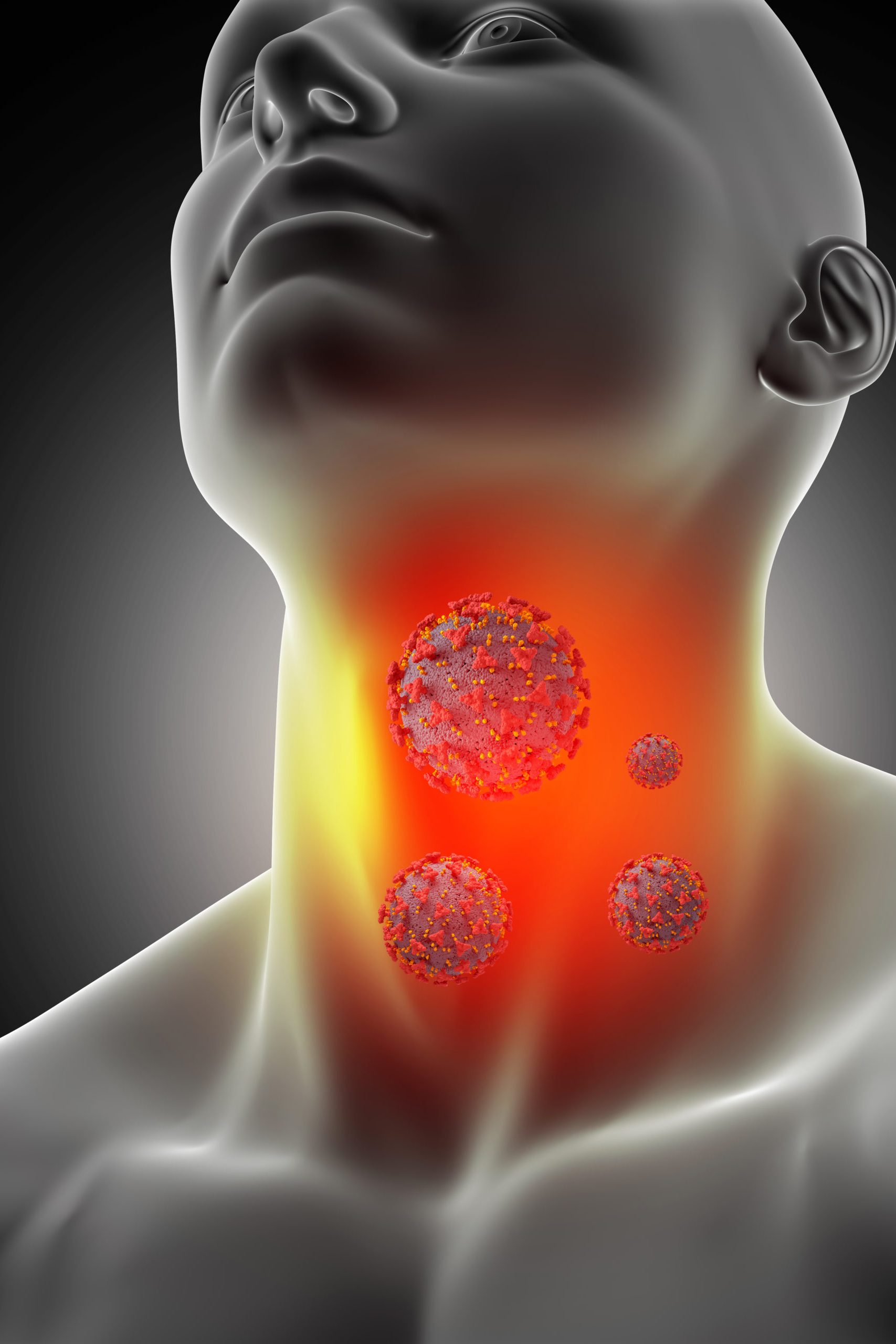 3D render of a male medical figure with sore throat and corona virus cells